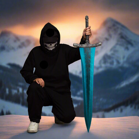 Full Metal Life-Size Replica of The Dark Moon/Moonlight Greatsword from Elden Ring, held by masked figure on snowy mountain. Ideal gift for gamers and cosplay