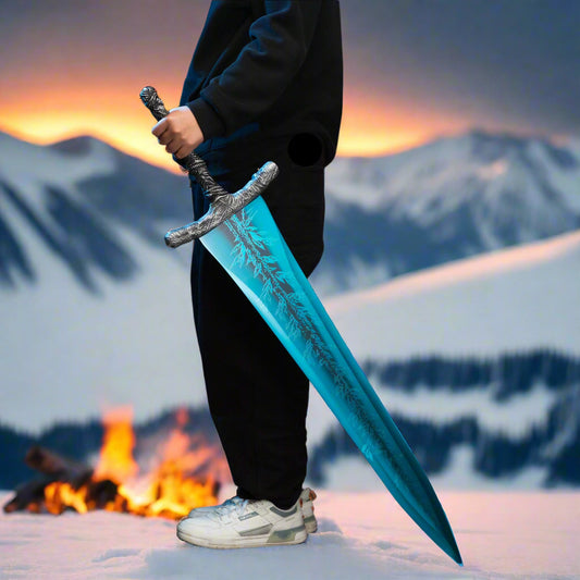 Life-size Full Metal Moonlight Greatsword replica from Elden Ring, held by person in black on snow with mountain backdrop—ideal gift for gamers and cosplay.