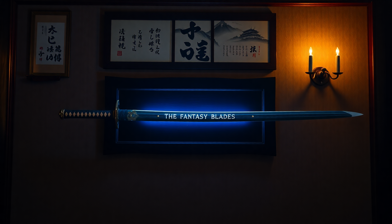 Elegant katana sword with blue handle and engraved 