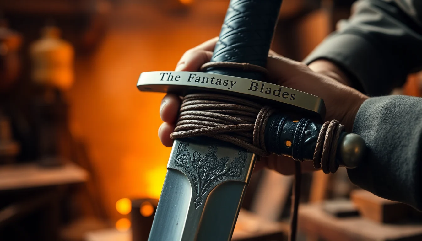A close-up of a hand holding a decorative fantasy sword with intricate engravings on the blade and the words 