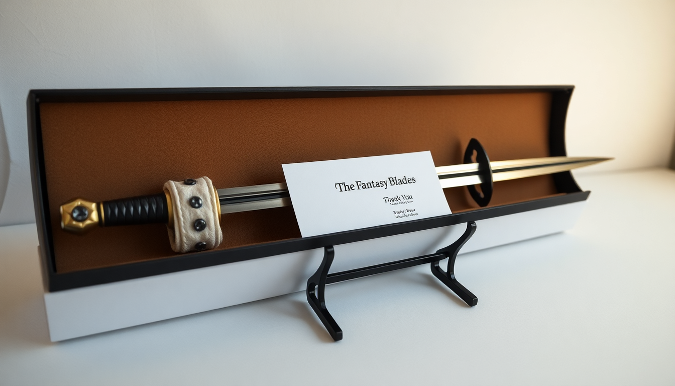 Fantasy sword with gold and black handle displayed in a decorative box, includes matching display stand and a thank you card from The Fantasy Blades perfect collectible gift with optional custom packaging.