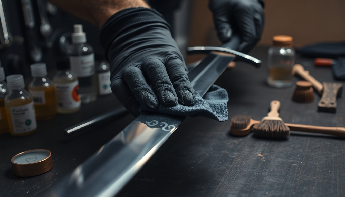 A gloved hand cleaning and maintaining a shiny sword blade with a soft cloth on a table, surrounded by tools and specialized oil bottles.