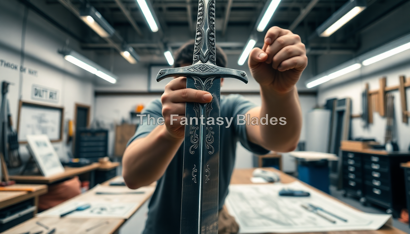 Person inspecting a handcrafted metal cosplay sword with detailed engravings in a workshop, illustrating expert buying tips for choosing safe and accurate replica blades for cosplay.
