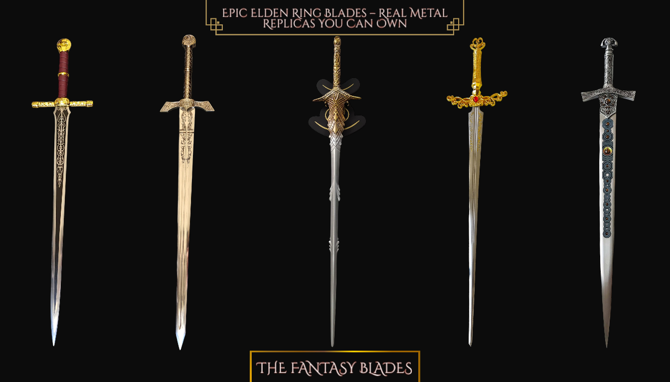 Realistic metal replica of an iconic Elden Ring sword displayed on a wooden stand, perfect for fans, collectors, gamers, and cosplay enthusiasts seeking authentic video game collectibles.