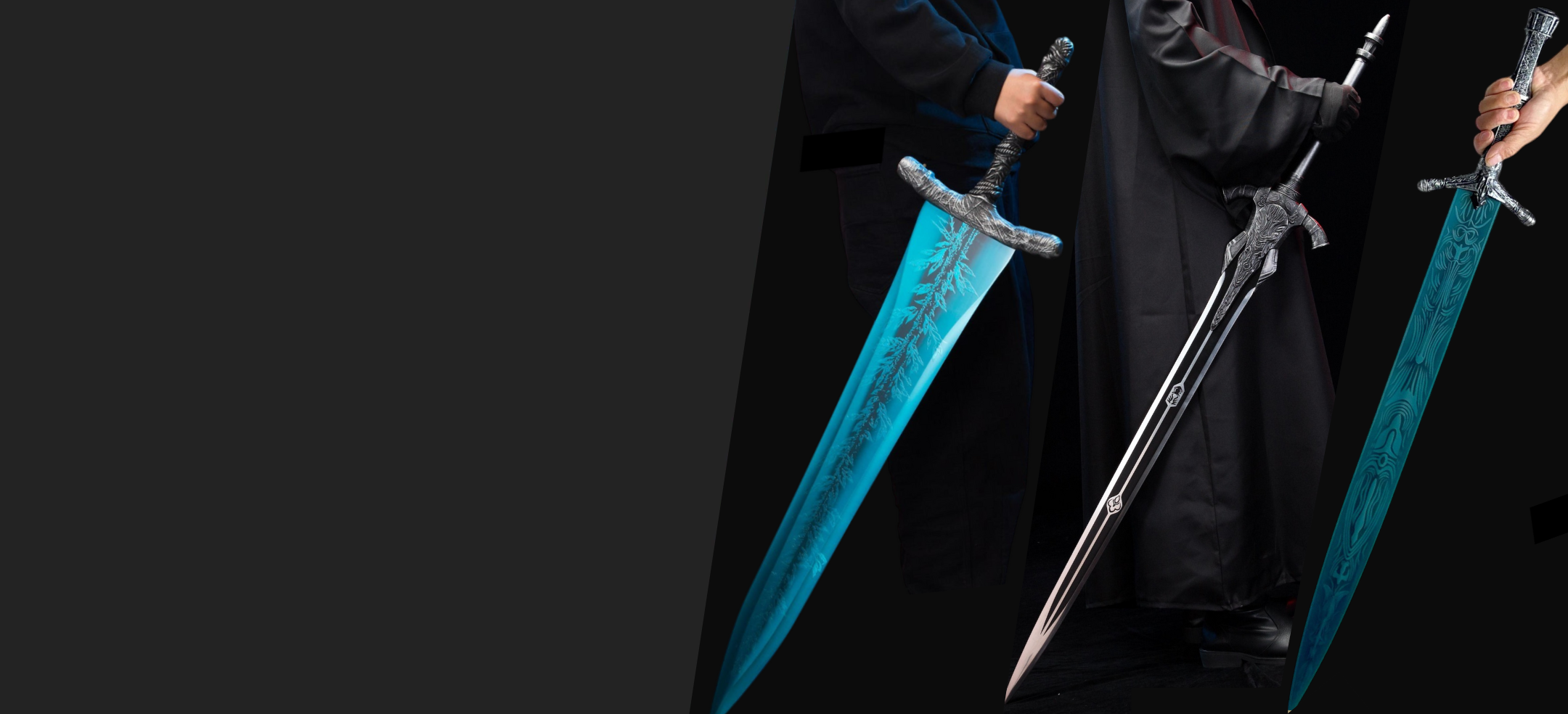 Handcrafted fantasy replica swords displayed by cosplayers, featuring high-quality collectible blades inspired by anime, video games, and legendary stories perfect for home decor, cosplay, and collectors.